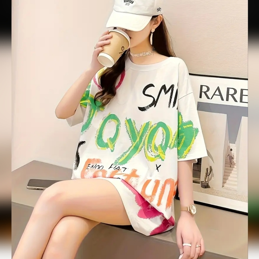 Women's Plus Size Loose Fit Cartoon Graphic Print T-Shirt - Casual Round Neck - Picture 3 of 5